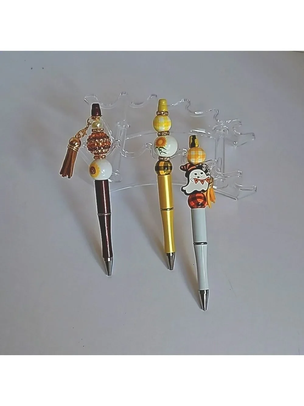 Hand Crafted 3 Set Pens Black Ink Beaded Sunflower Harvest Halloween Design
